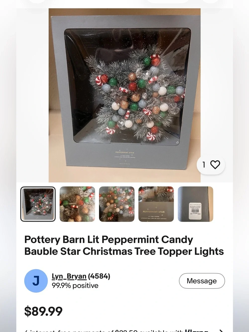 Brand New Pottery Barn Peppermint Star Lit Tree Topper